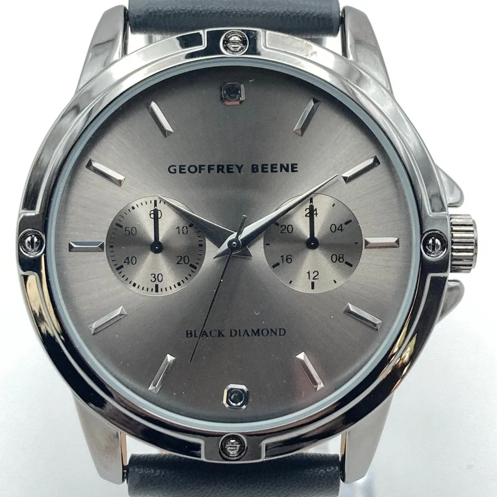 Geoffrey Beene Men's Watch 43mm Black Diamond Gray Band New Battery 10